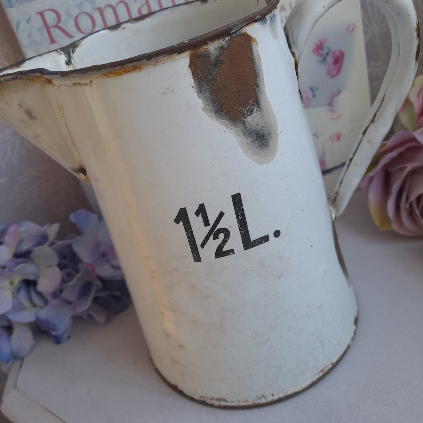 Antique White Enamel Measuring Jug: French Farmhouse Vase