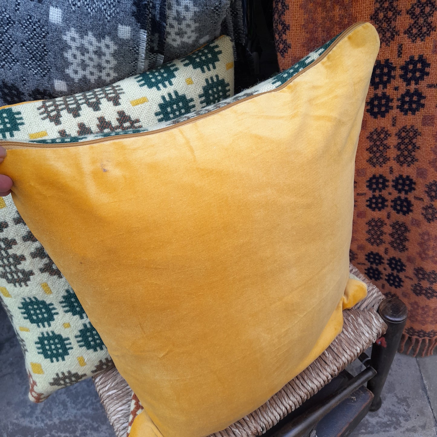 PAIR of Handmade Welsh Tapestry Blanket Cushions in Cream, Green & Mustard Yellow 18"