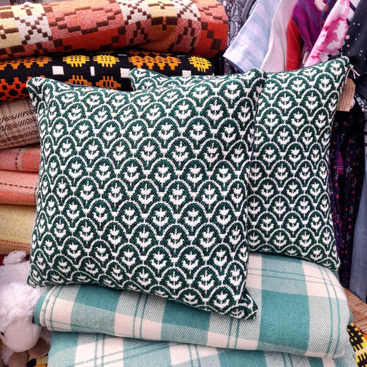 PAIR of Cushions in Emerald Green, Black & White Made From Vintage Welsh Tapestry 'Tulip' Fabric by Brynkir Woollen Mill 18"