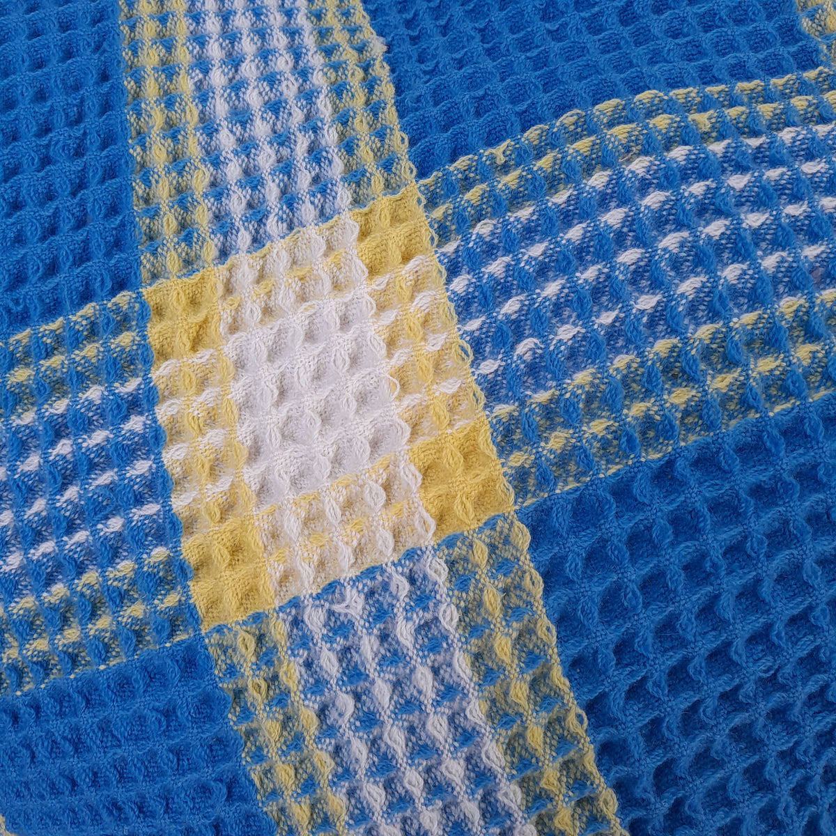Vintage Welsh Wool Honeycomb/Waffle Blanket in Bright Blue, Yellow & White Check by Derw Mill King Size