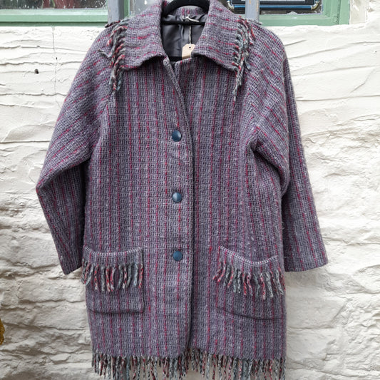 Vintage Welsh Wool Coat by Trefriw Woollen Mill in Purple Grey & Pinks Size 16/18