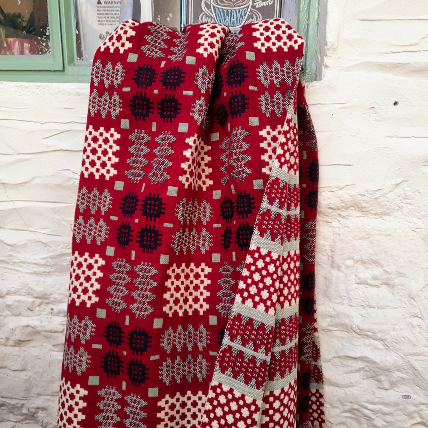 Vintage Welsh Tapestry Blanket in Deep Burgundy Wine Red, Sage Green, Black & Off White Huge King Size