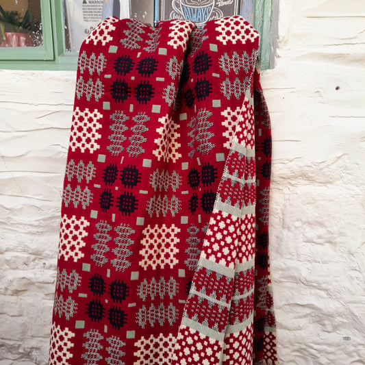 Vintage Welsh Tapestry Blanket in Deep Burgundy Wine Red, Sage Green, Black & Off White Huge King Size