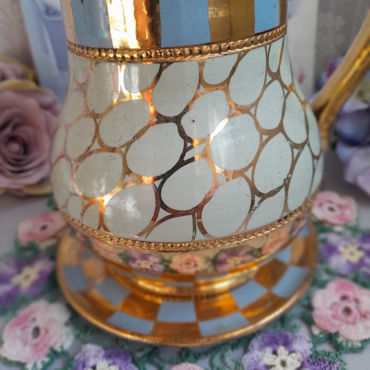 Vintage Sadler England Coffee Pot, Blue & Mint Green Checkerboard, Gold Gilt 1563