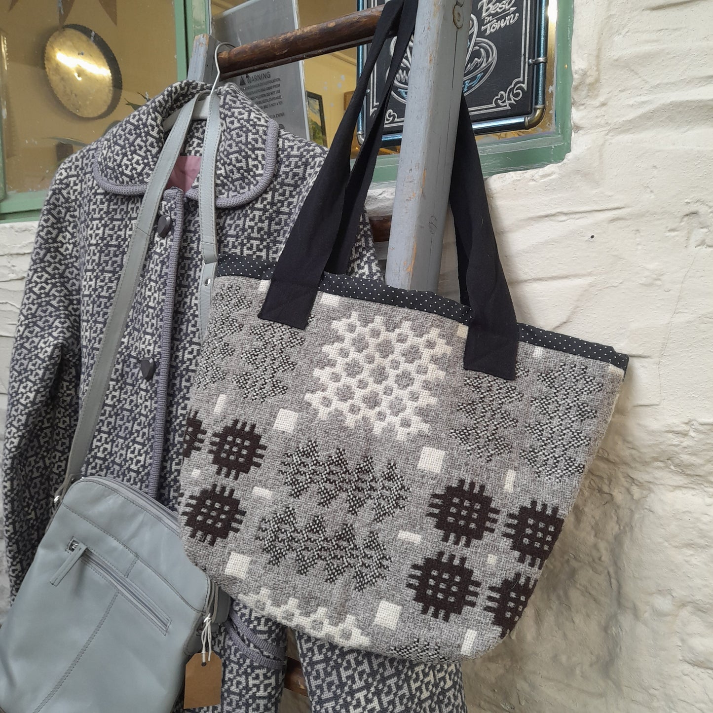 Handmade Welsh Tapestry Blanket Shoulder Bag/Shopper in Grey, Black & White by Welsh Tweed