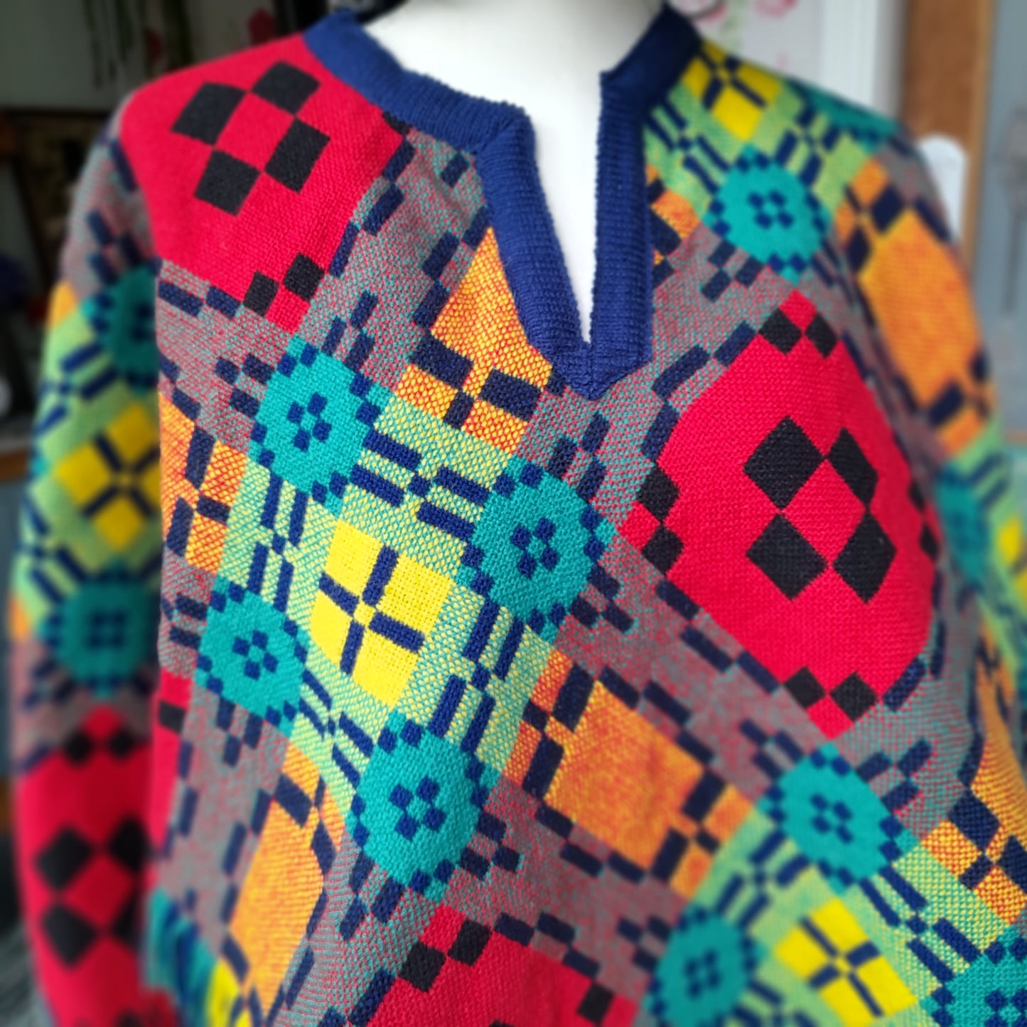 Vintage Welsh Tapestry Poncho by Trefriw Woollen Mill Navy Multicolour Reversible