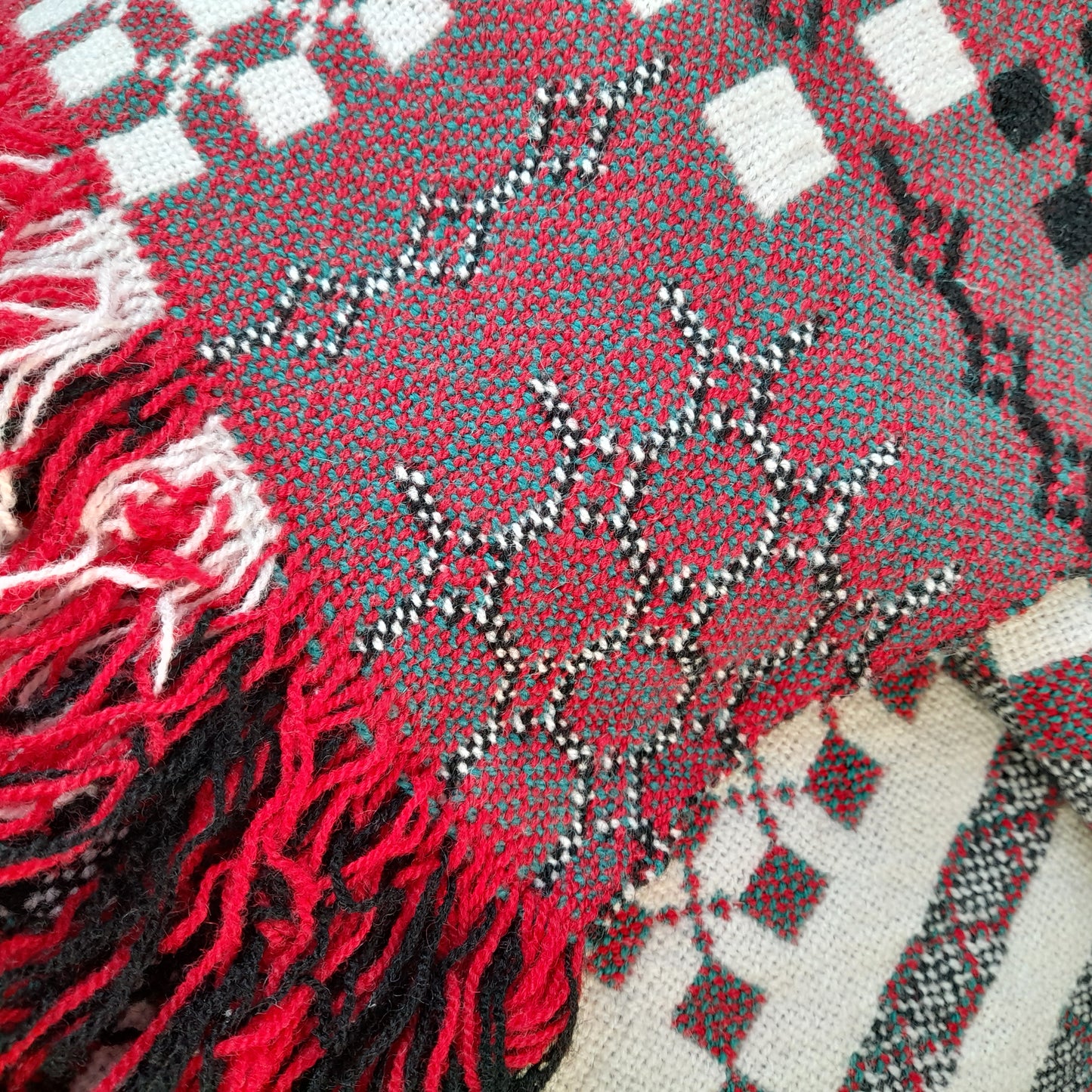 Vintage Welsh Tapestry Blanket in Red Green Black & White by Elvet Woollen Mill