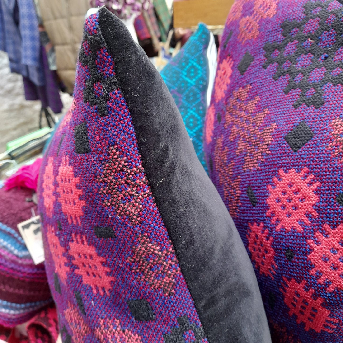 PAIR Handmade Welsh Blanket Cushions in Dark Purple, Cerise Pink & Black 18"
