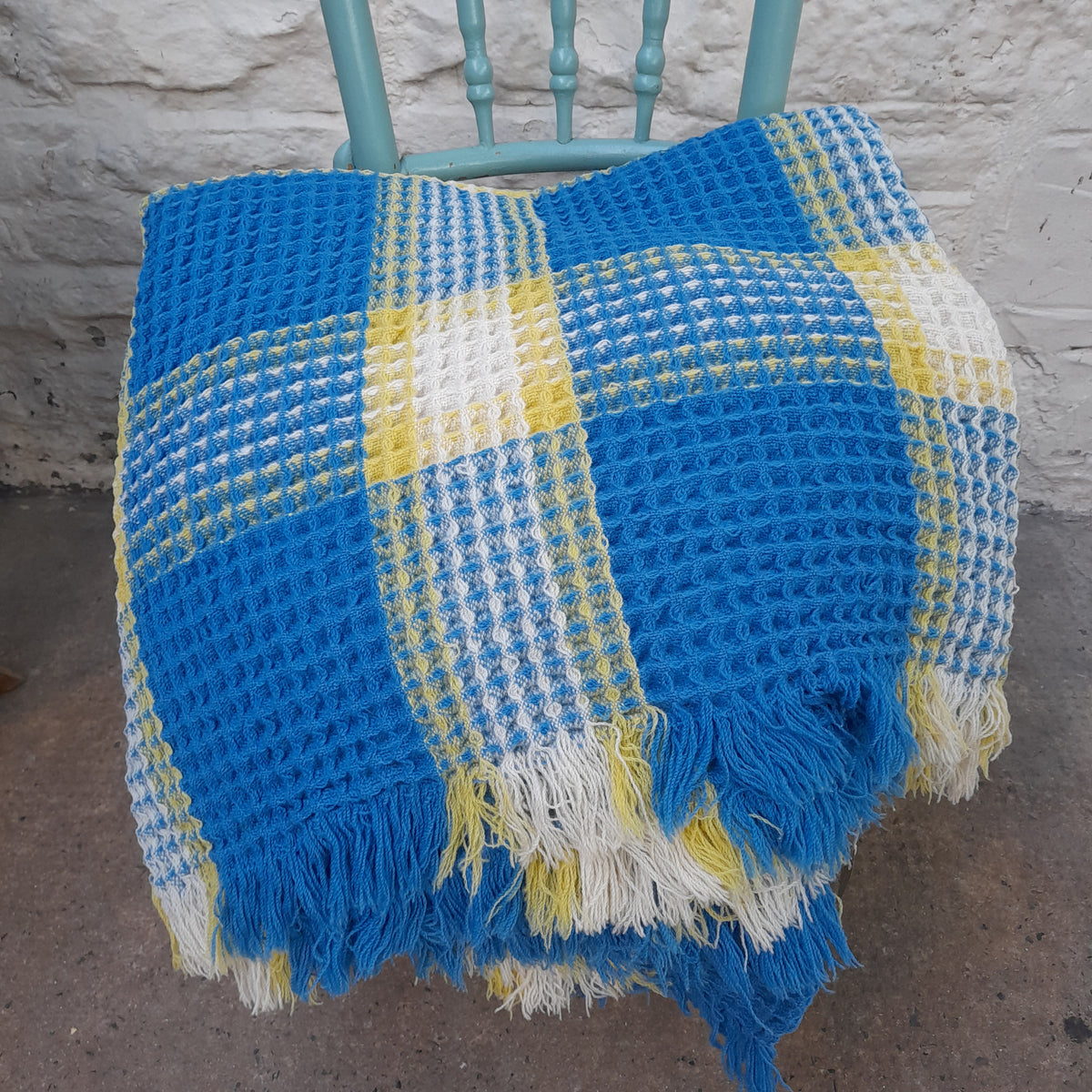 Vintage Welsh Wool Honeycomb/Waffle Blanket in Bright Blue, Yellow & White Check by Derw Mill King Size