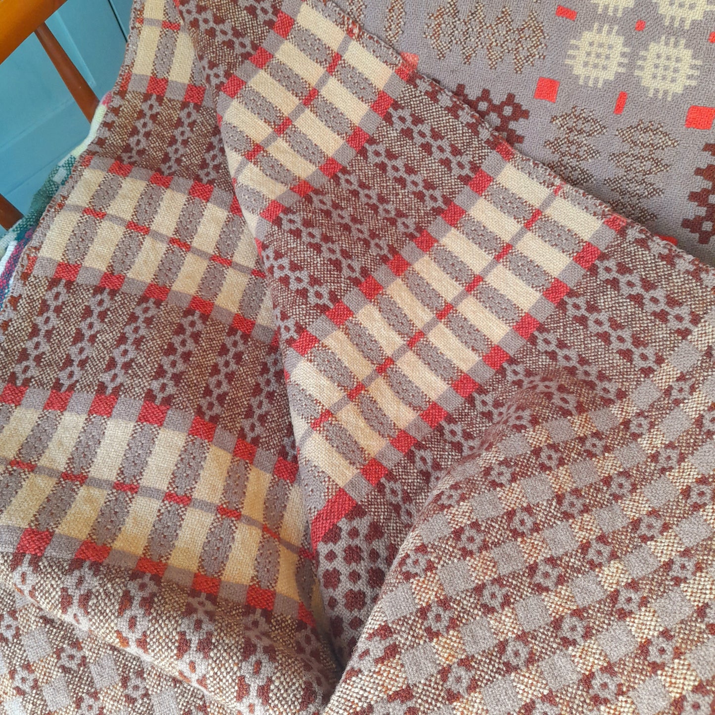 Antique Welsh Blanket in Latte Brown Orange & Cream
