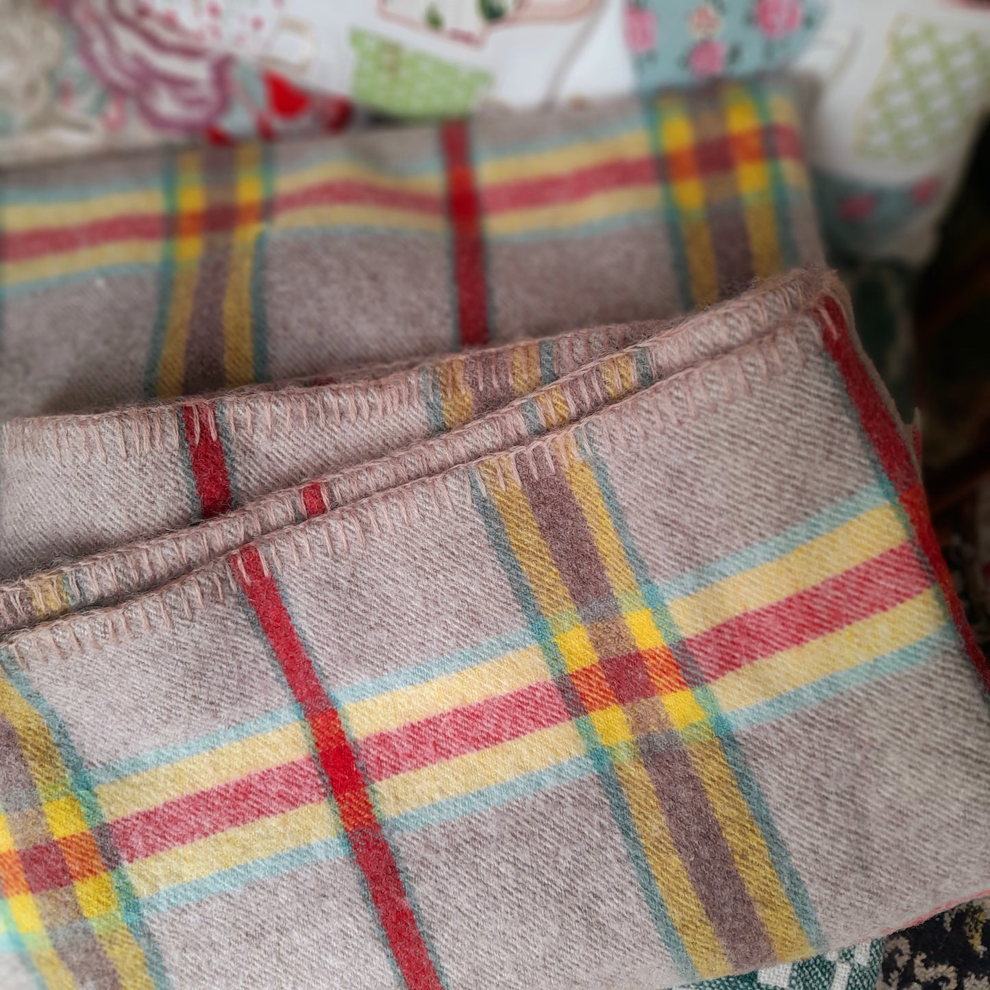 Vintage 1950s REAL WELSH Blanket in Taupe With Red, Yellow & Green Checks