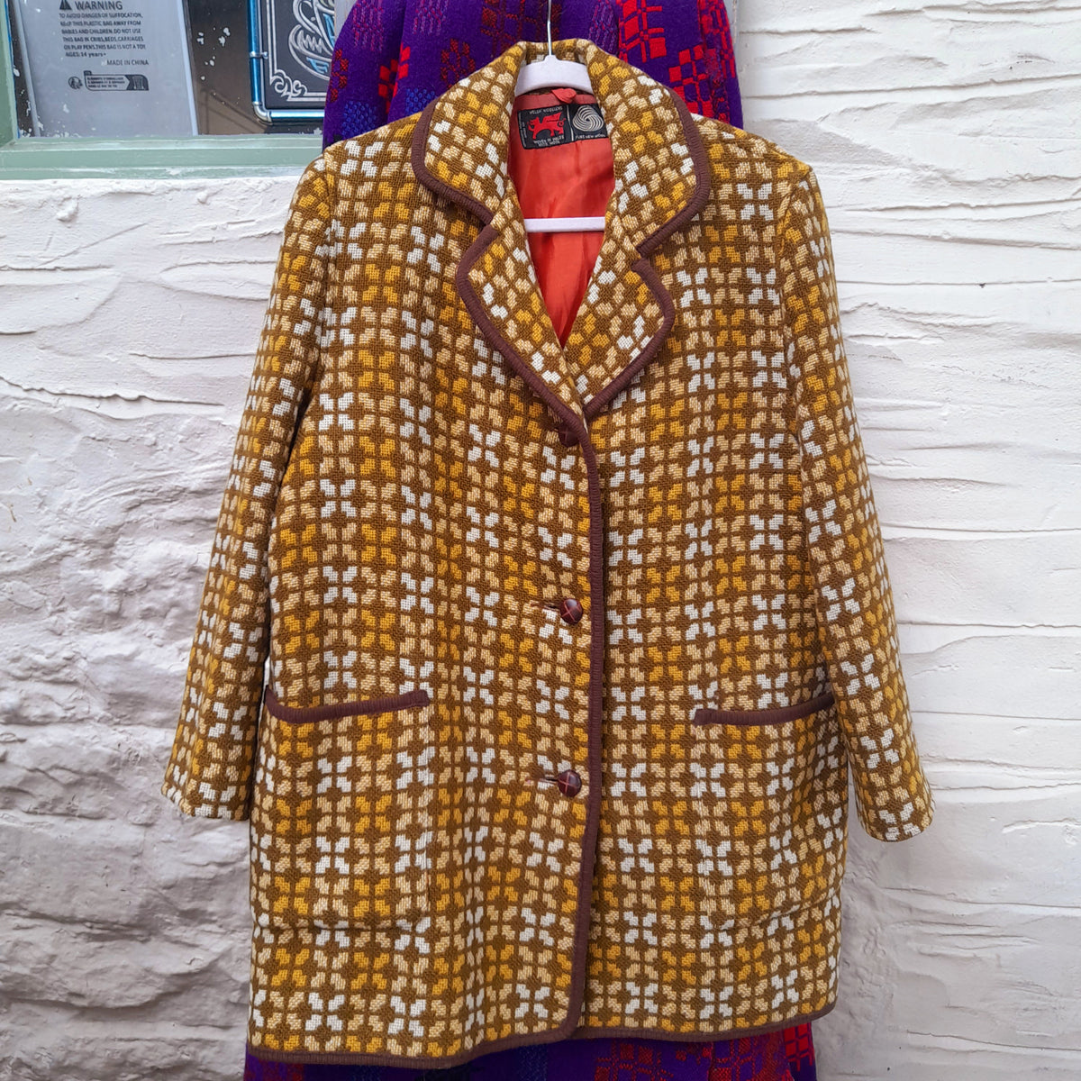 Vintage Welsh Tapestry Pea Coat in Mustard, Cream & Brown Size 16/18