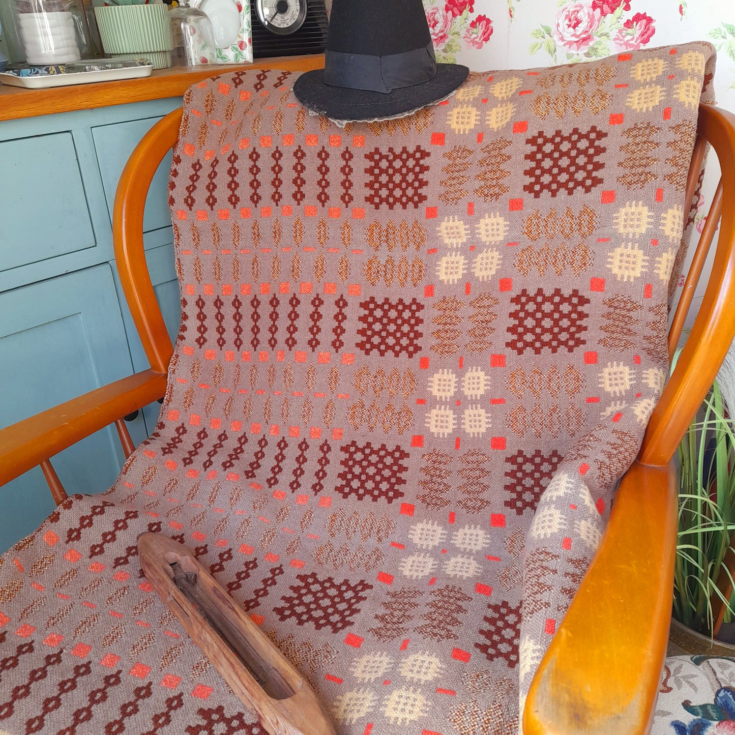 Antique Welsh Blanket in Latte Brown Orange & Cream