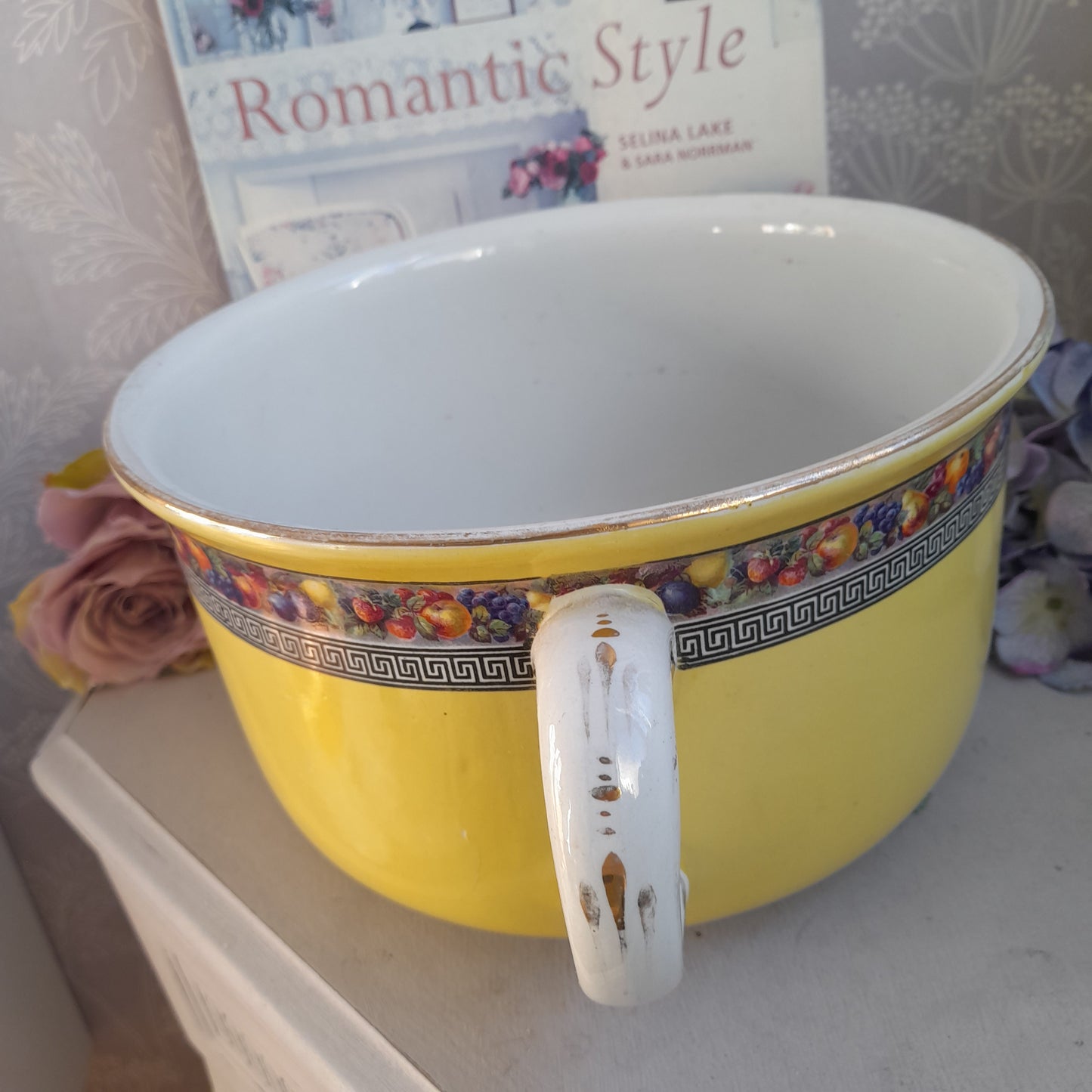 Victorian Sunshine Yellow Chamber Pot with Fruit & Greek Key Design