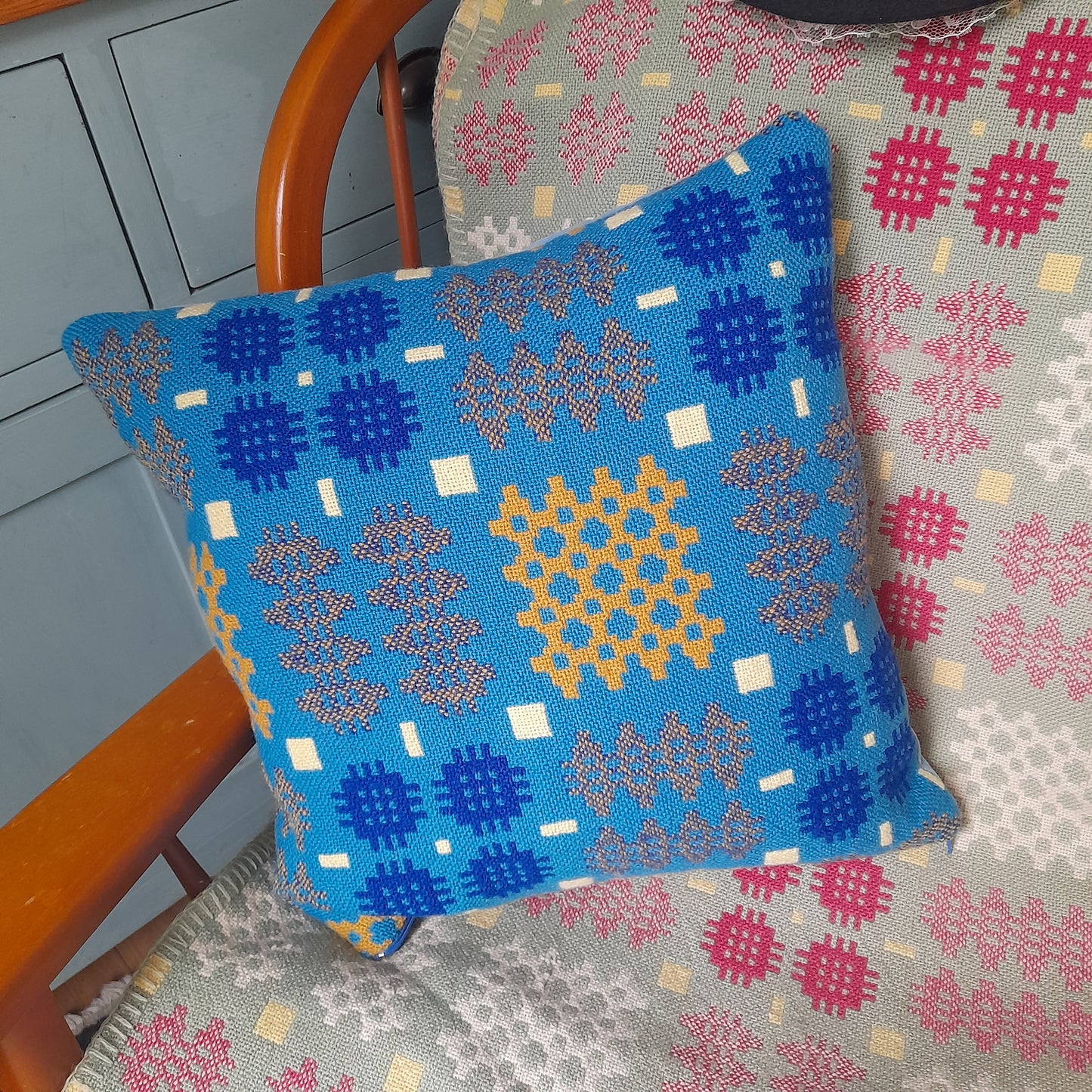 Handmade Welsh Blanket Cushion in Blue & Mustard Yellow 18"