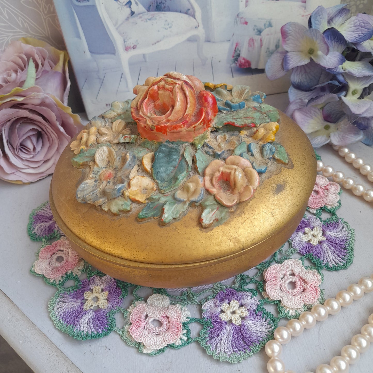 Vintage Barbola Round Gold Trinket Pot With Raised Flowers on Lid