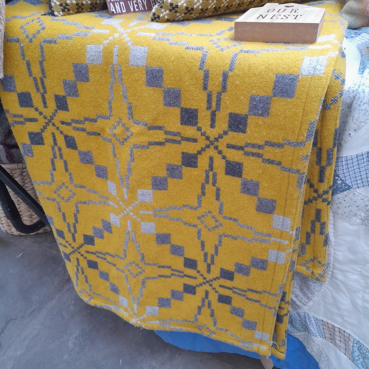Melin Tregwynt Welsh Tapestry Blanket in Mustard & Grey in 'Vintage Star' Design