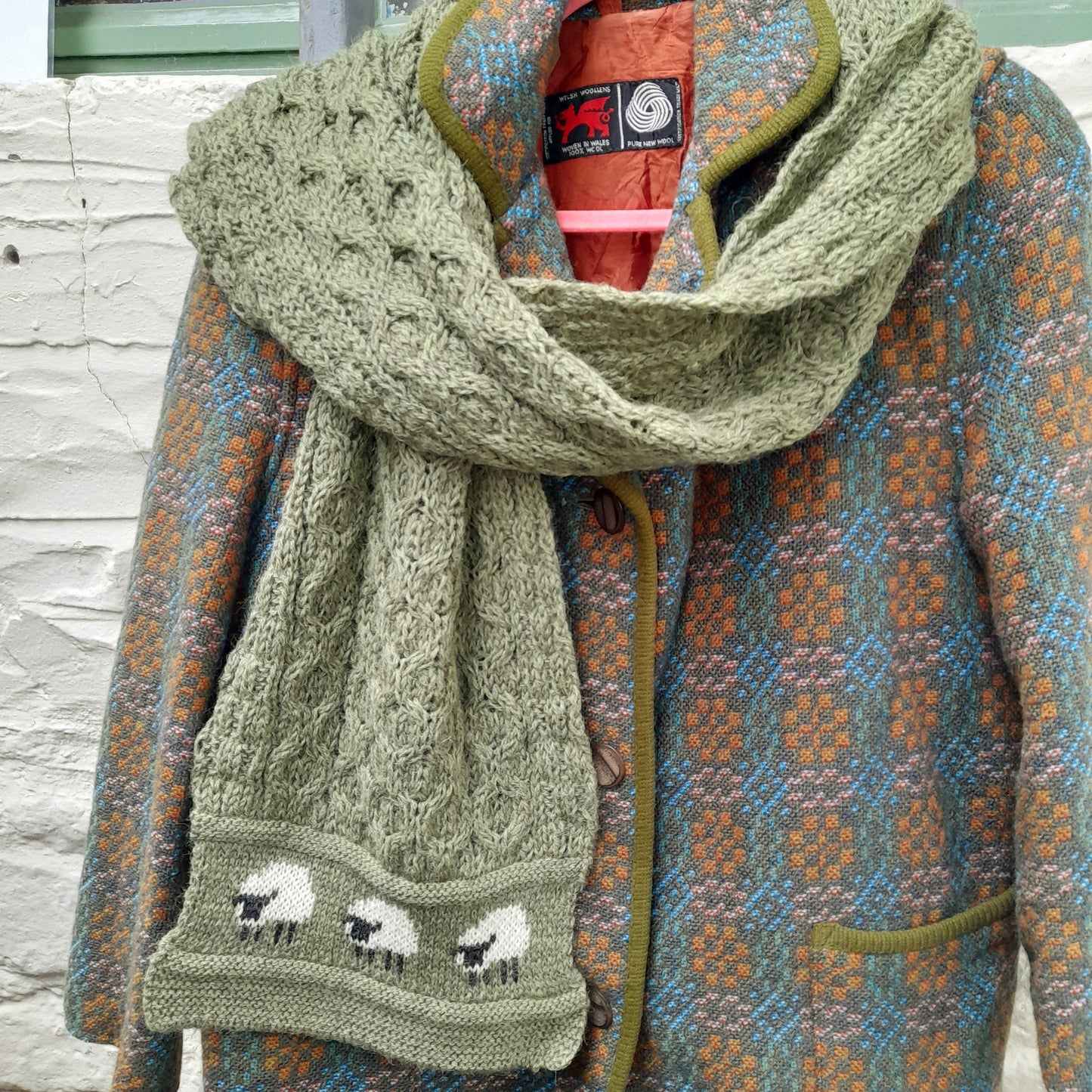 Hand Knitted Welsh Wool SHEEP Scarf in Khaki Green