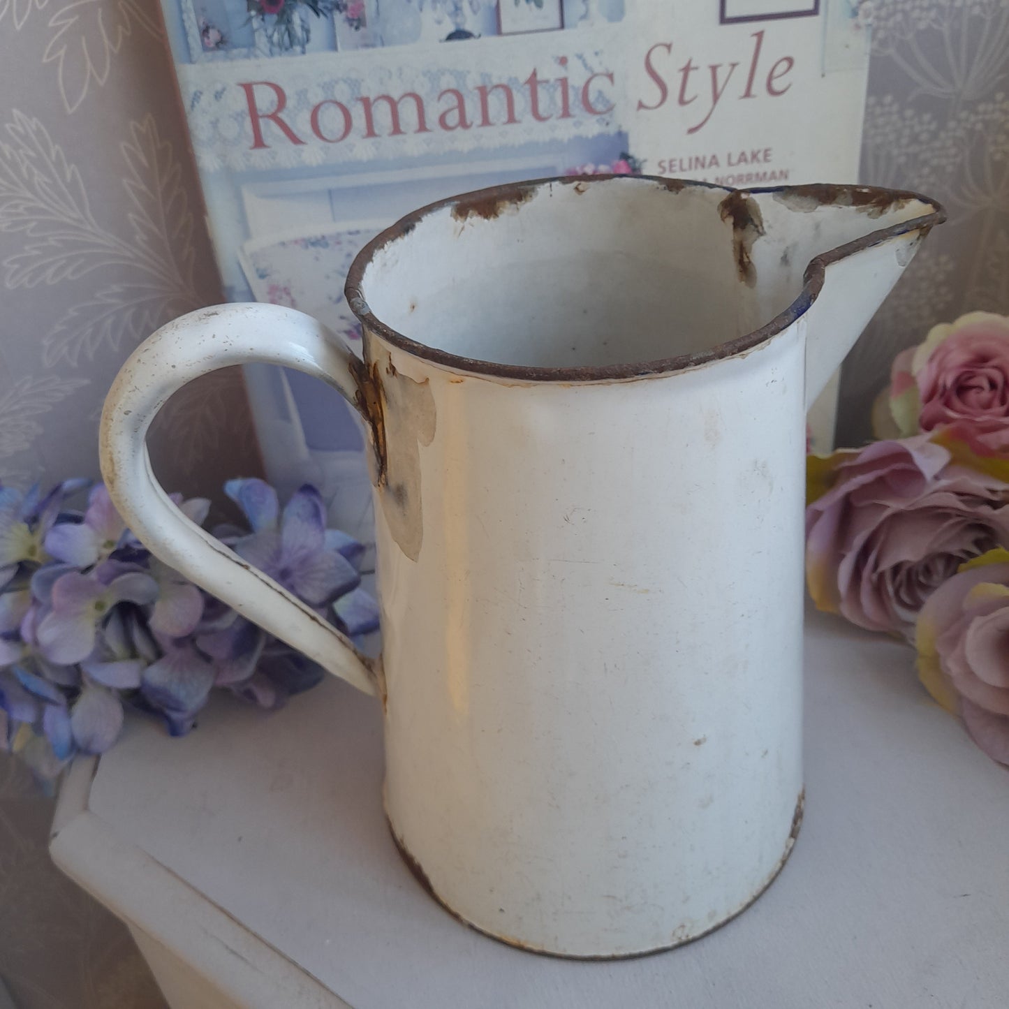 Antique White Enamel Measuring Jug: French Farmhouse Vase