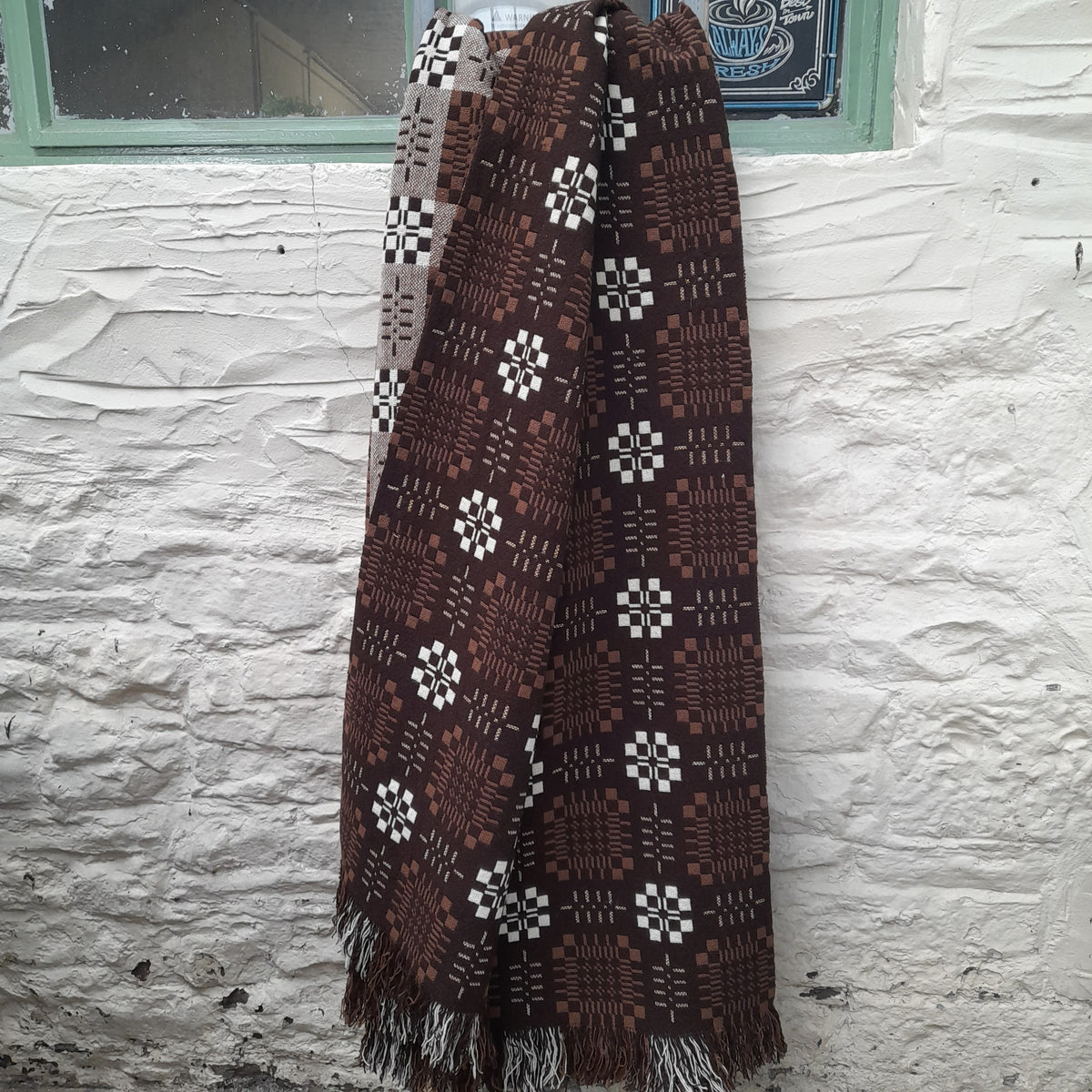 RARE Vintage Welsh Tapestry Blanket in Chocolate Brown, Black & White King Size