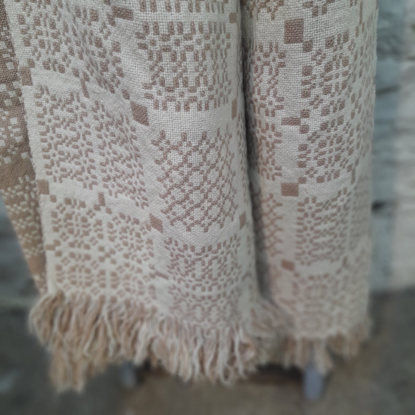 Vintage Welsh Tapestry Blanket in Taupe & Cream in Melin Tregwynt 'Knot Garden' Design