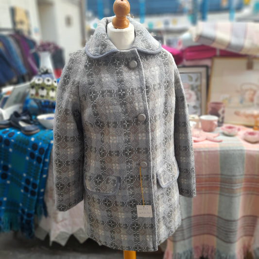 Vintage Welsh Tapestry Pea Coat in Pale Blue Grey Green & Cream by Trefriw Woollen Mill BNWT Size 12