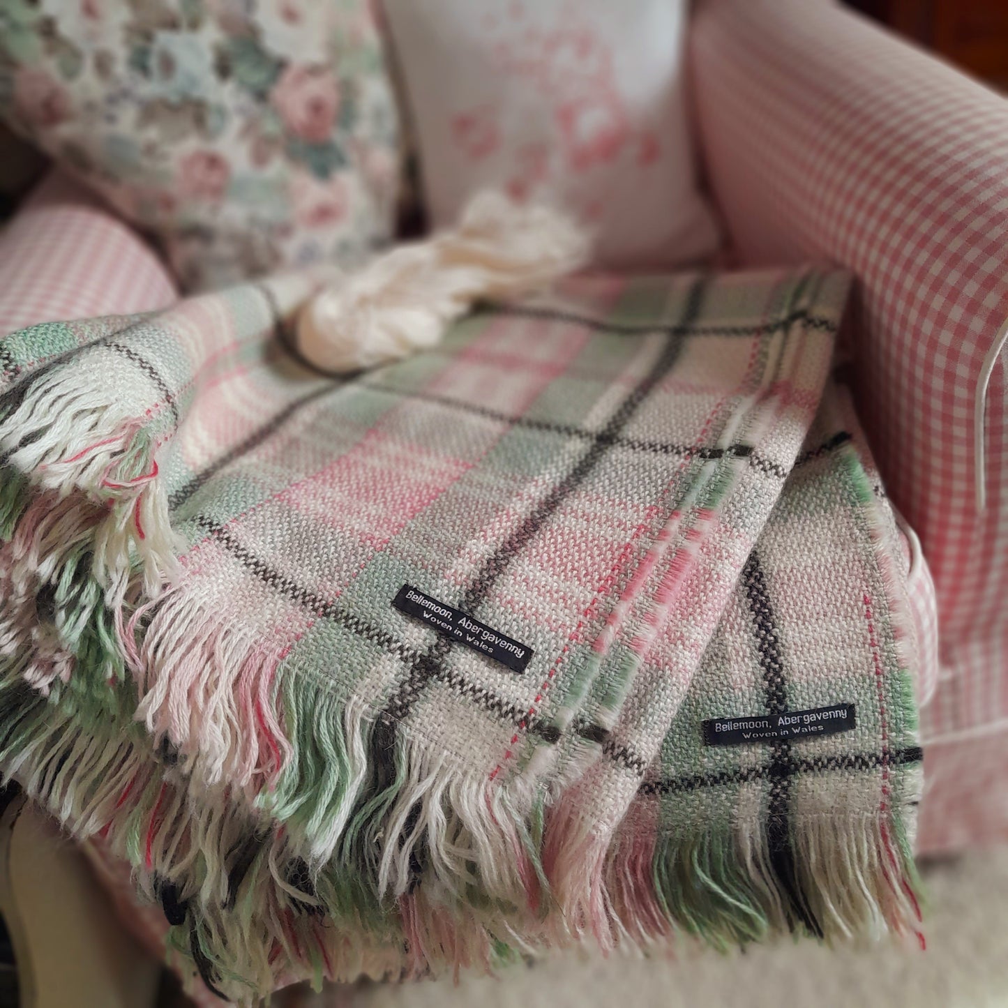 PAIR Hand Woven Welsh Blankets in Pale Sage Green, Rose Pink on a Cream Background with Liquorice Stripe