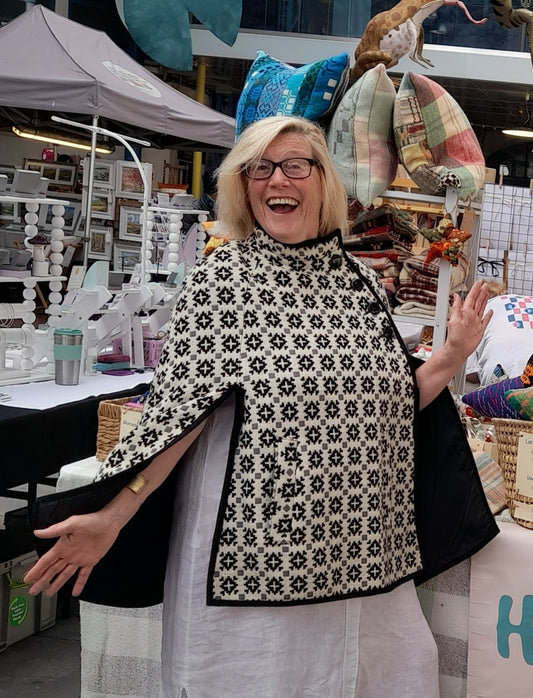 Vintage Welsh Tapestry Cape in Black & White Monochrome