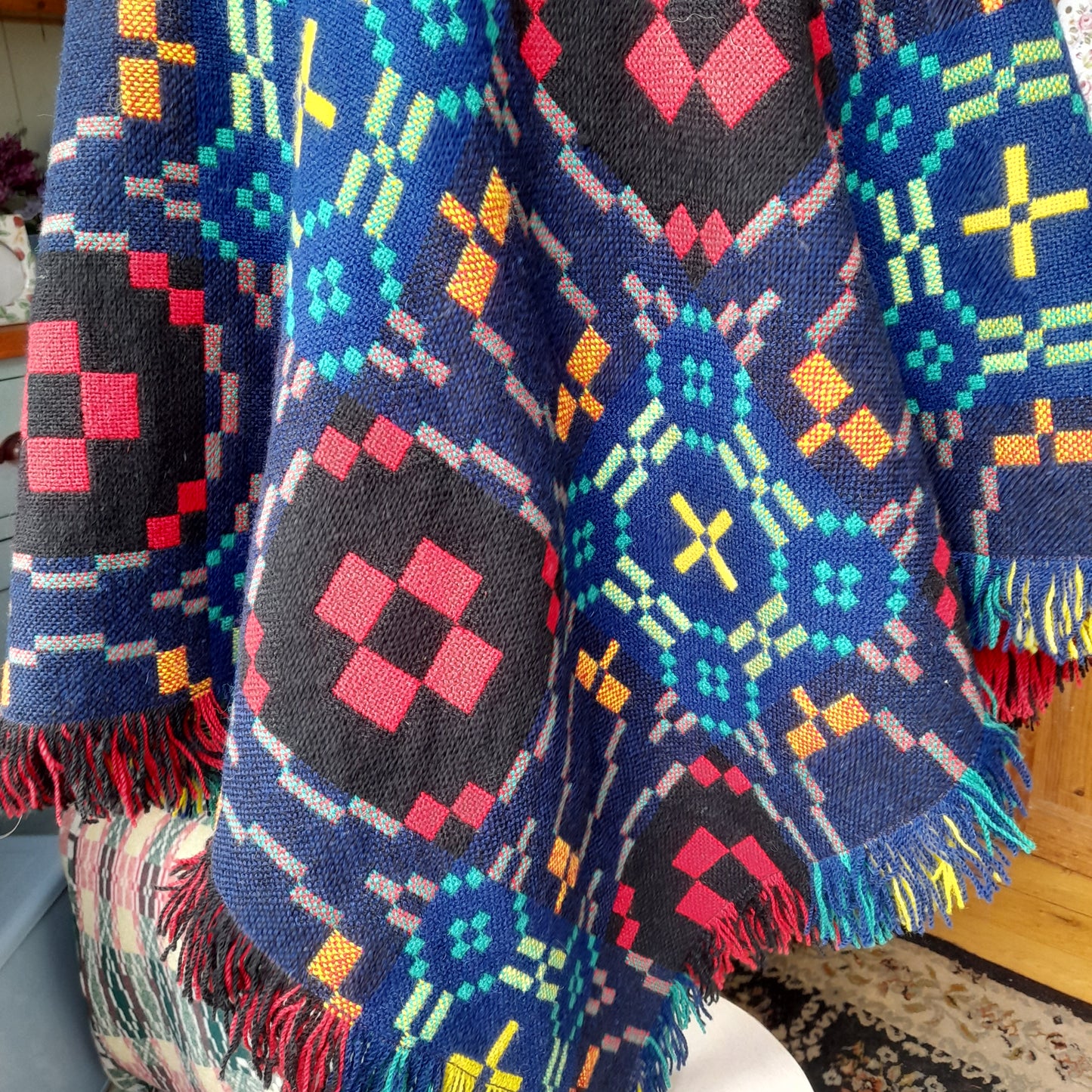Vintage Welsh Tapestry Poncho by Trefriw Woollen Mill Navy Multicolour Reversible