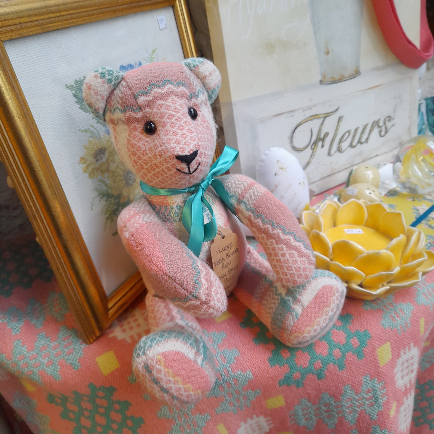 Handmade Welsh Blanket Teddy Bear in Peach Cream & Green