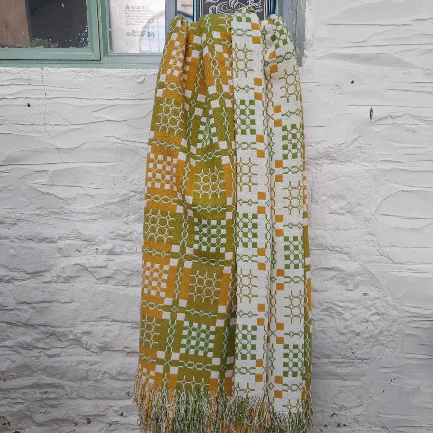 Vintage Welsh Tapestry Blanket in Mustard, Green & Cream by Elfed Woollen Mill King Size