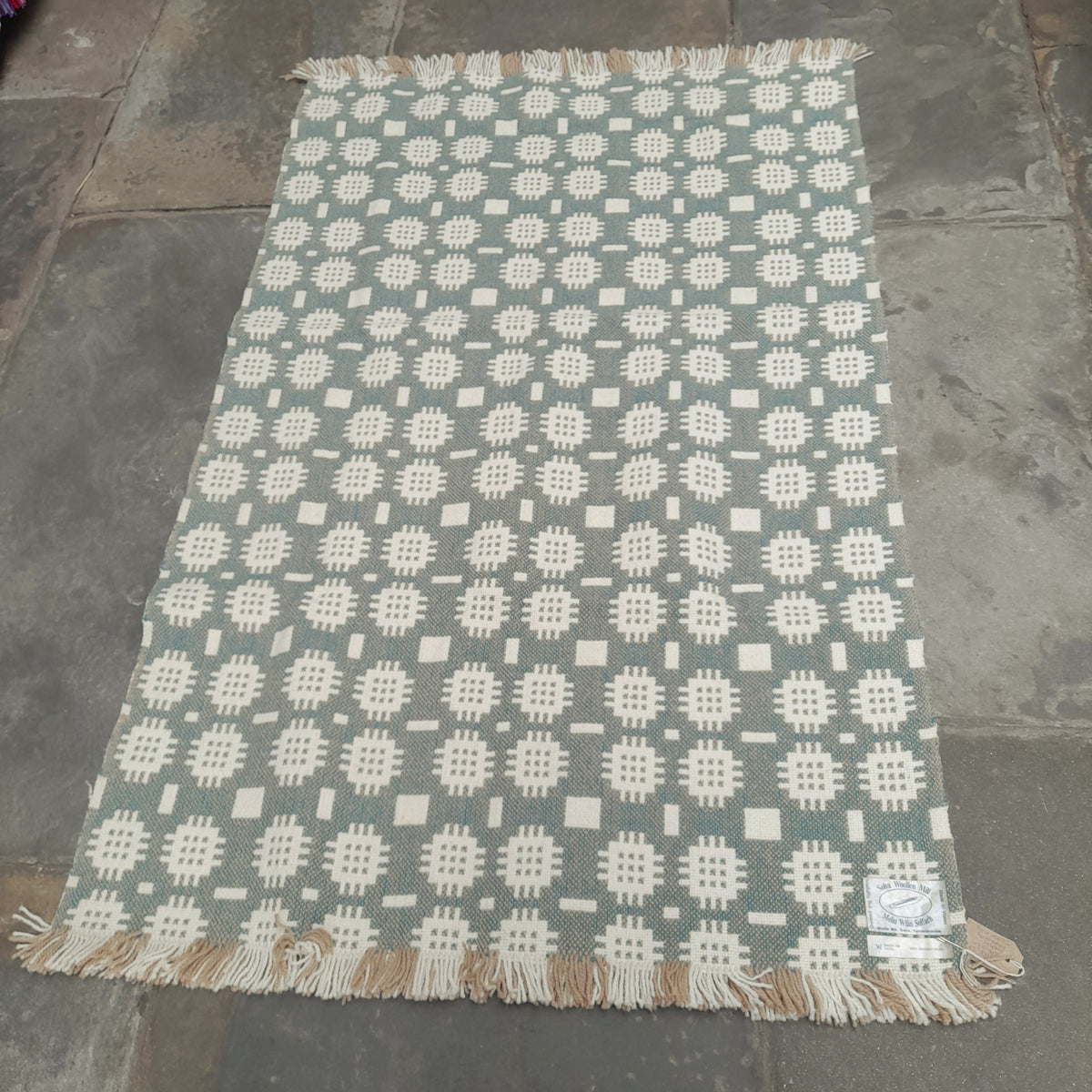 Handwoven Welsh Tapestry Rug in Sage Green & Cream by Solva Woollen Mill 58" x 35"