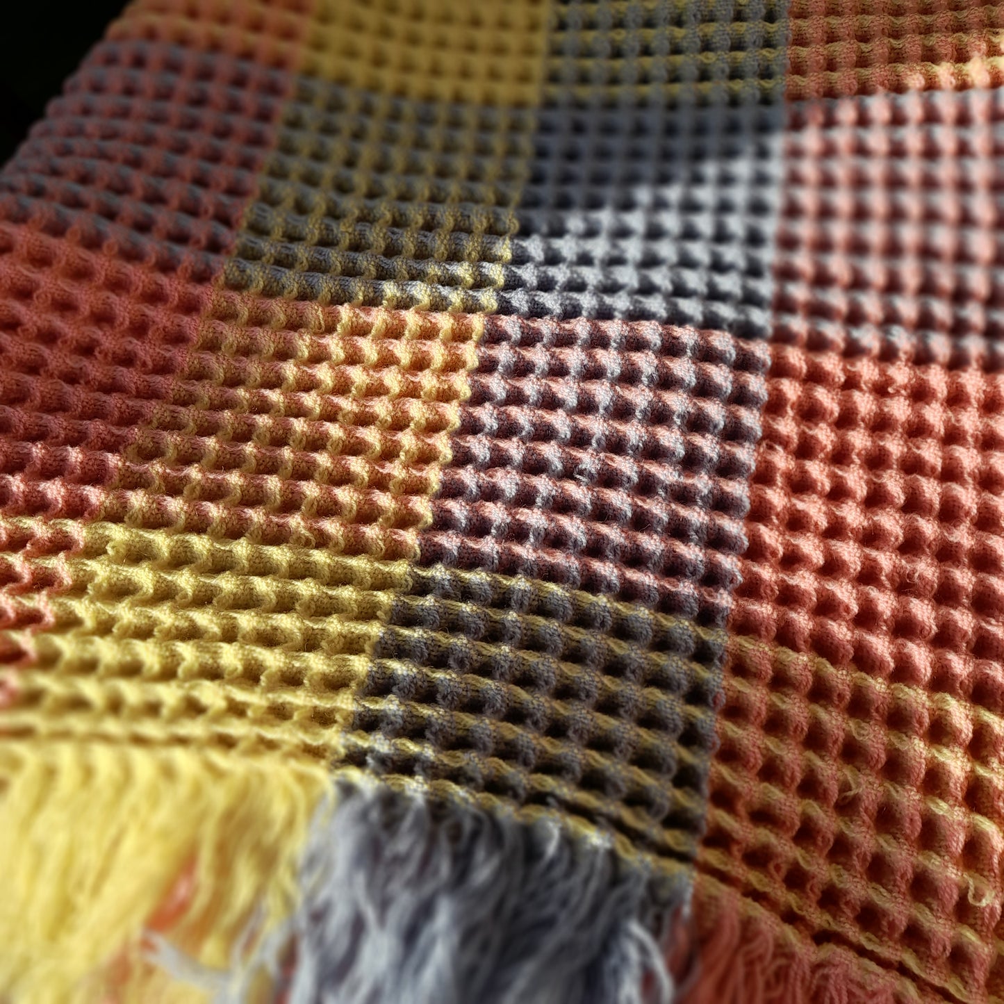 Vintage Welsh Wool Waffle Honeycomb Blanket in Rainbow Pastels Pink Blue & Lemon Check