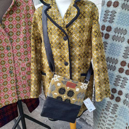 Handmade Coterie Leather Cross Body Handbag Made With Mustard & Black Vintage Welsh Wool Tapestry BNWT RRP £137
