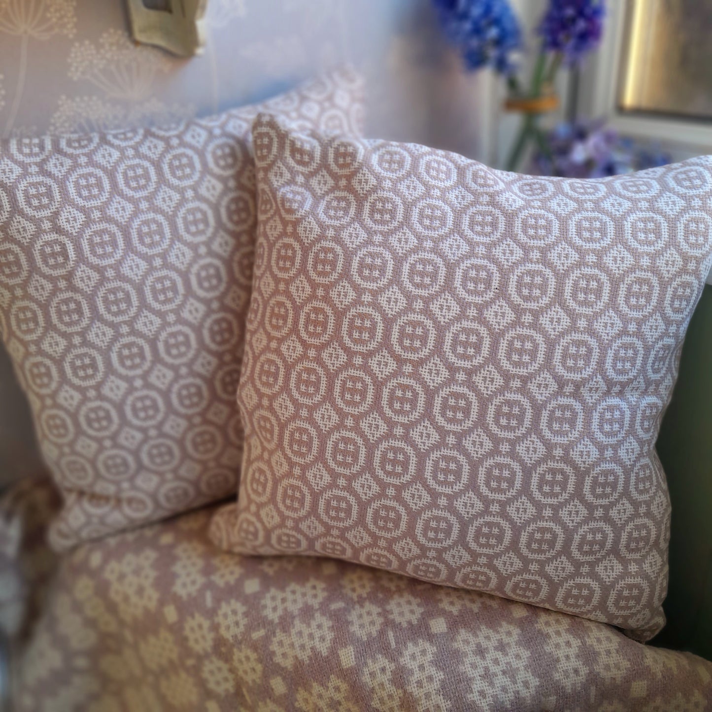 PAIR of Handmade Welsh Tapestry Cushions in Pale Lilac/Lavender & Off White/Cream 18"