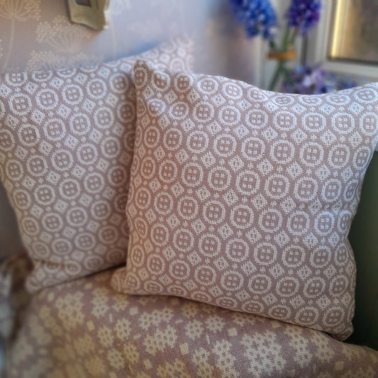 PAIR of Handmade Welsh Tapestry Cushions in Pale Lilac/Lavender & Off White/Cream 18"