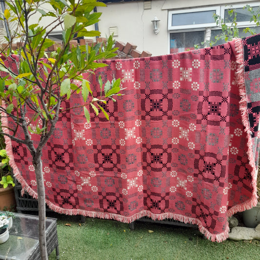 Vintage Welsh Tapestry Blanket/Bedspread in Hot Pink Black & White by Meirion Mill
