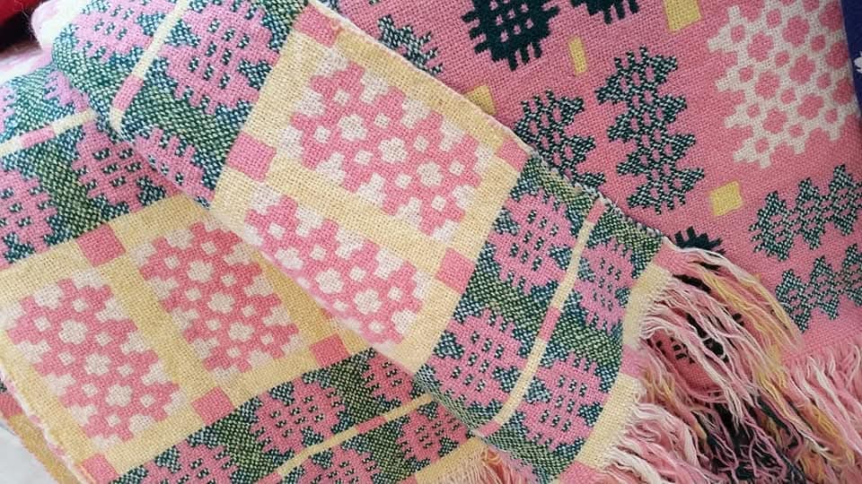 Vintage Welsh Tapestry Blanket in Pink Green & White With a Pop of Yellow by Elfed Woollen Mill