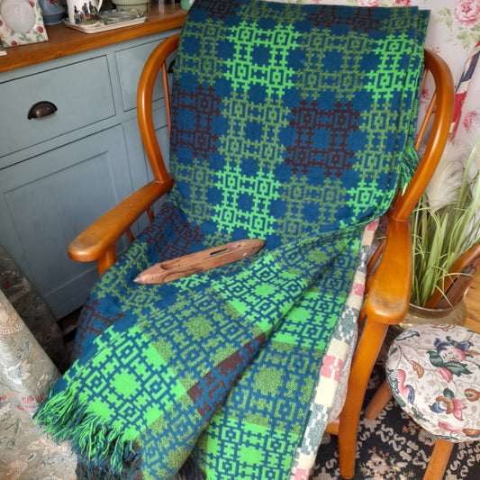 Rare Vintage Welsh Tapestry Blanket in Teal & Lime Green by Arthur Morus at Dolwerdd Mill