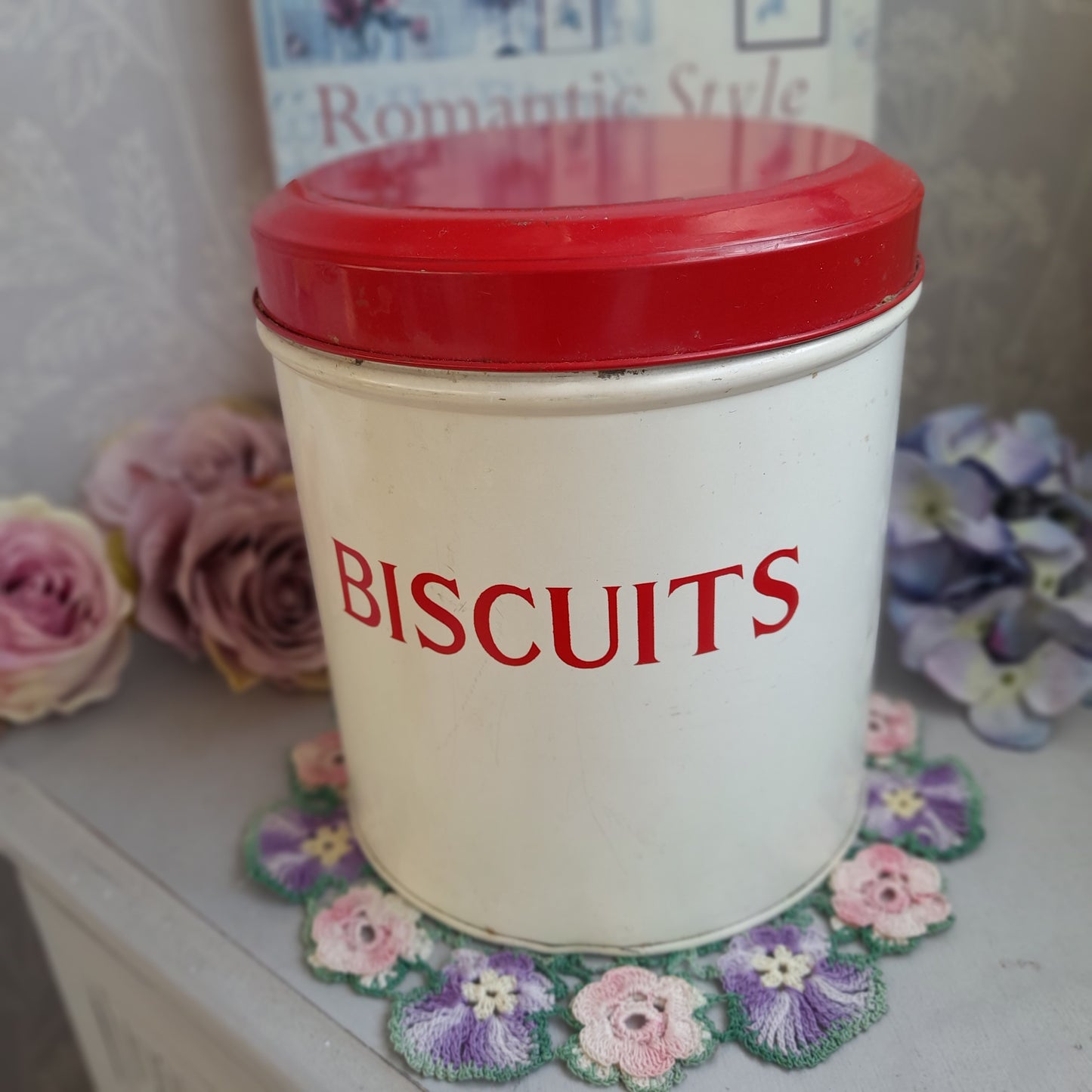 Vintage Tala Biscuit Tin in Red & Cream Enamel