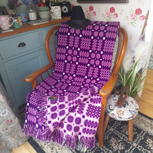 Welsh Blanket in Purple Lilac & White Original Label