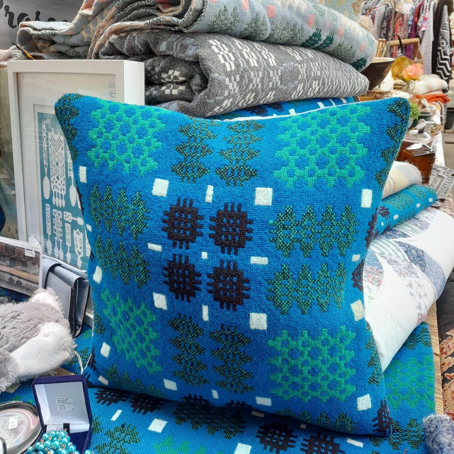 PAIR Handmade Welsh Blanket Cushions in Cobalt Blue, Green, Black & White 18"