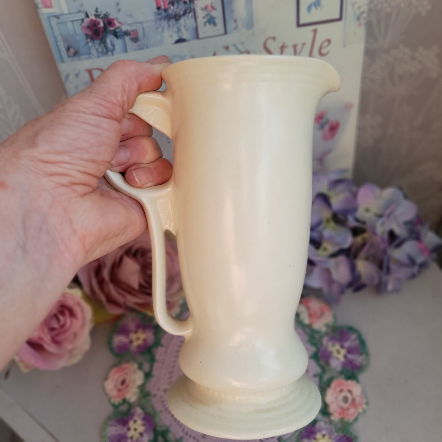 Vintage Art Deco Cream Ceramic Pitcher Vase, Elegant Footed Jug