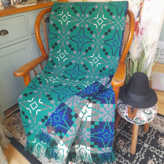 Vintage Welsh Tapestry Blanket in Bright Jade Green Navy Blue Black & White by Melin Tregwynt