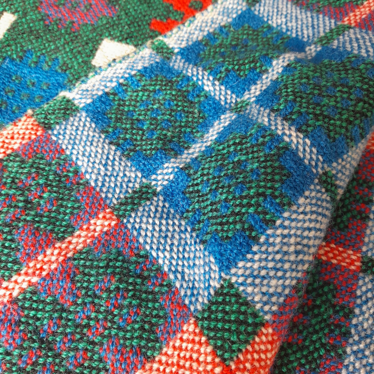 Vintage Welsh Tapestry Blanket in Teal Green, Cobalt Blue, Scarlet Red & White