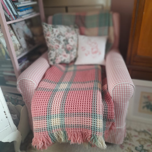 Vintage Welsh Wool Waffle Honeycomb Blanket in Pastel Pink Green & Cream Check