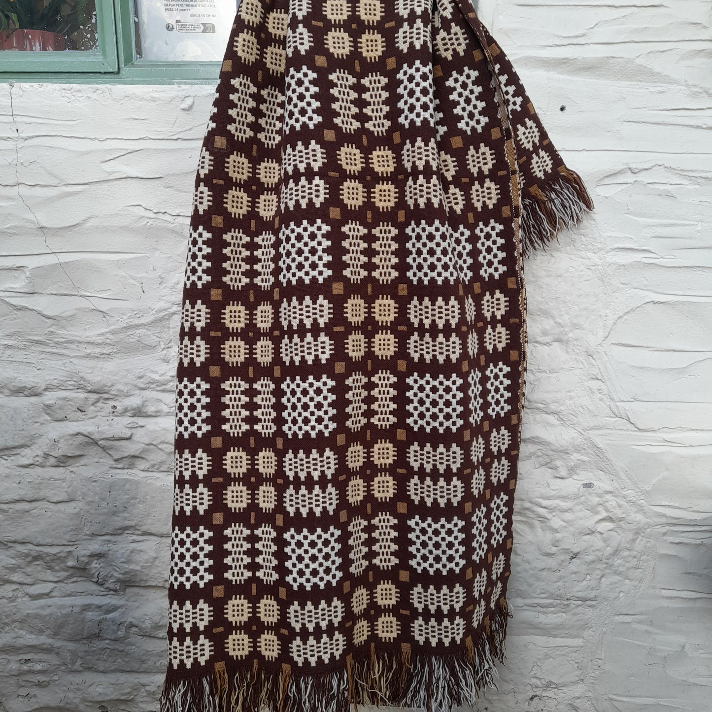 PAIR of Vintage Welsh Tapestry Blanket in Chocolate Brown & Cream