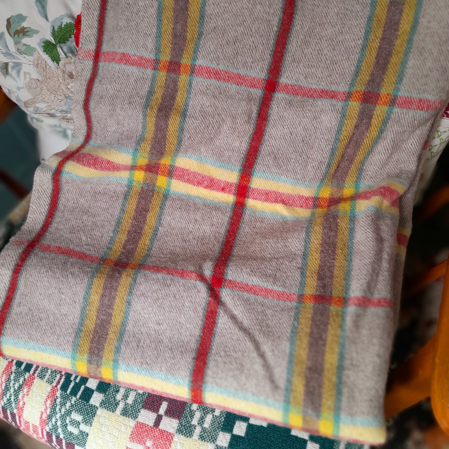 Vintage 1950s REAL WELSH Blanket in Taupe With Red, Yellow & Green Checks