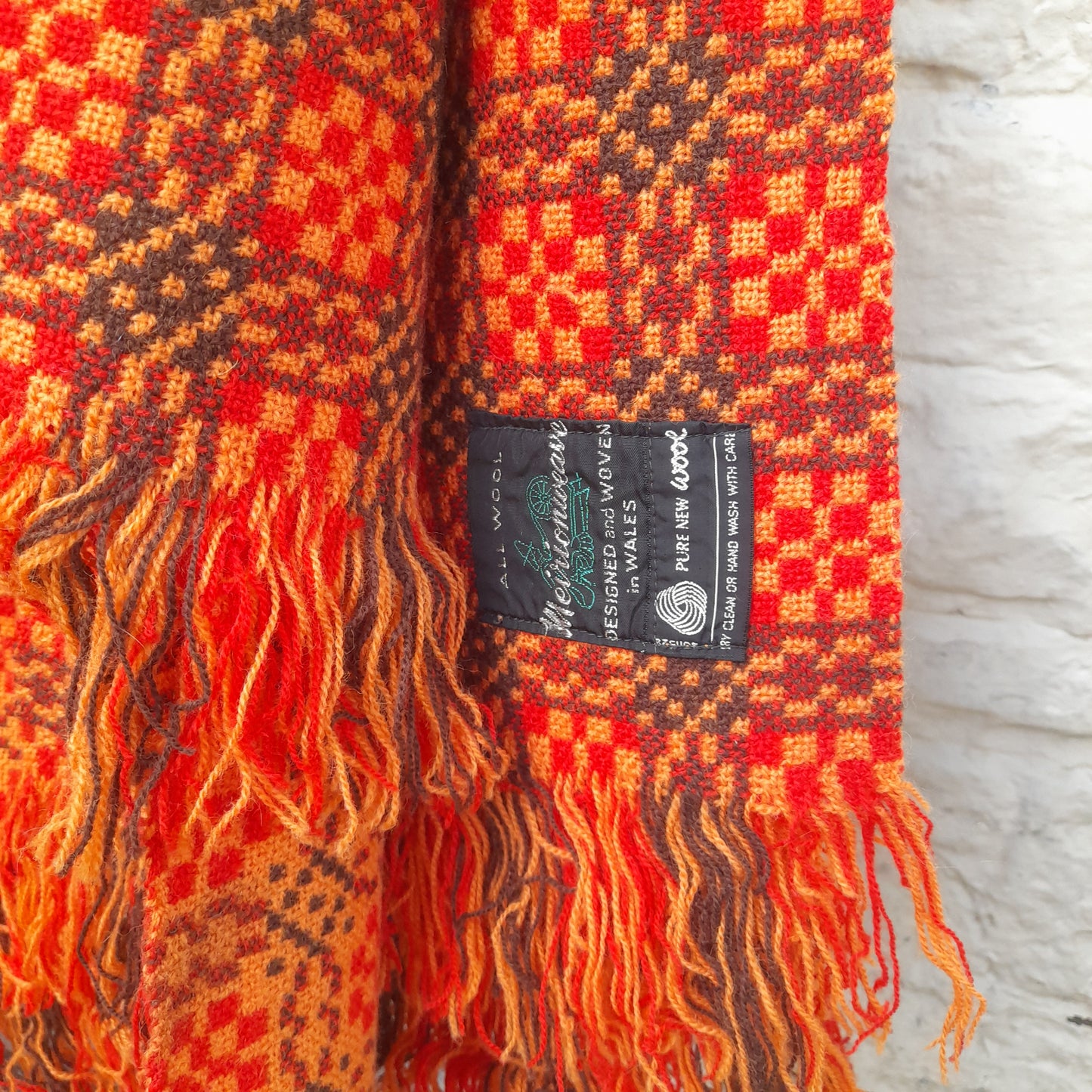 Vintage Welsh Tapestry Blanket in Bright Orange Brown & Gold by Meirion Mill