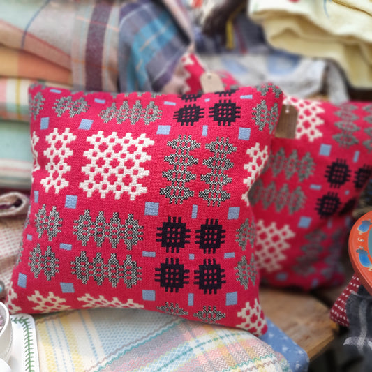 PAIR Handmade Welsh Blanket Cushions in Cerise Pink, Black & White With a Pop of Blue 18"